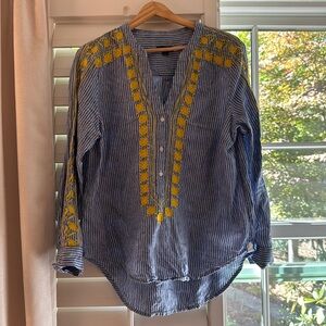 J Crew blue and white striped blouse with yellow embroidery